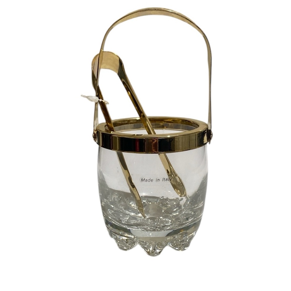 Small Crystal Ice Bucket with Gold Color Metal Trim and Ice Tong Made in Italy - Picture 1 of 10